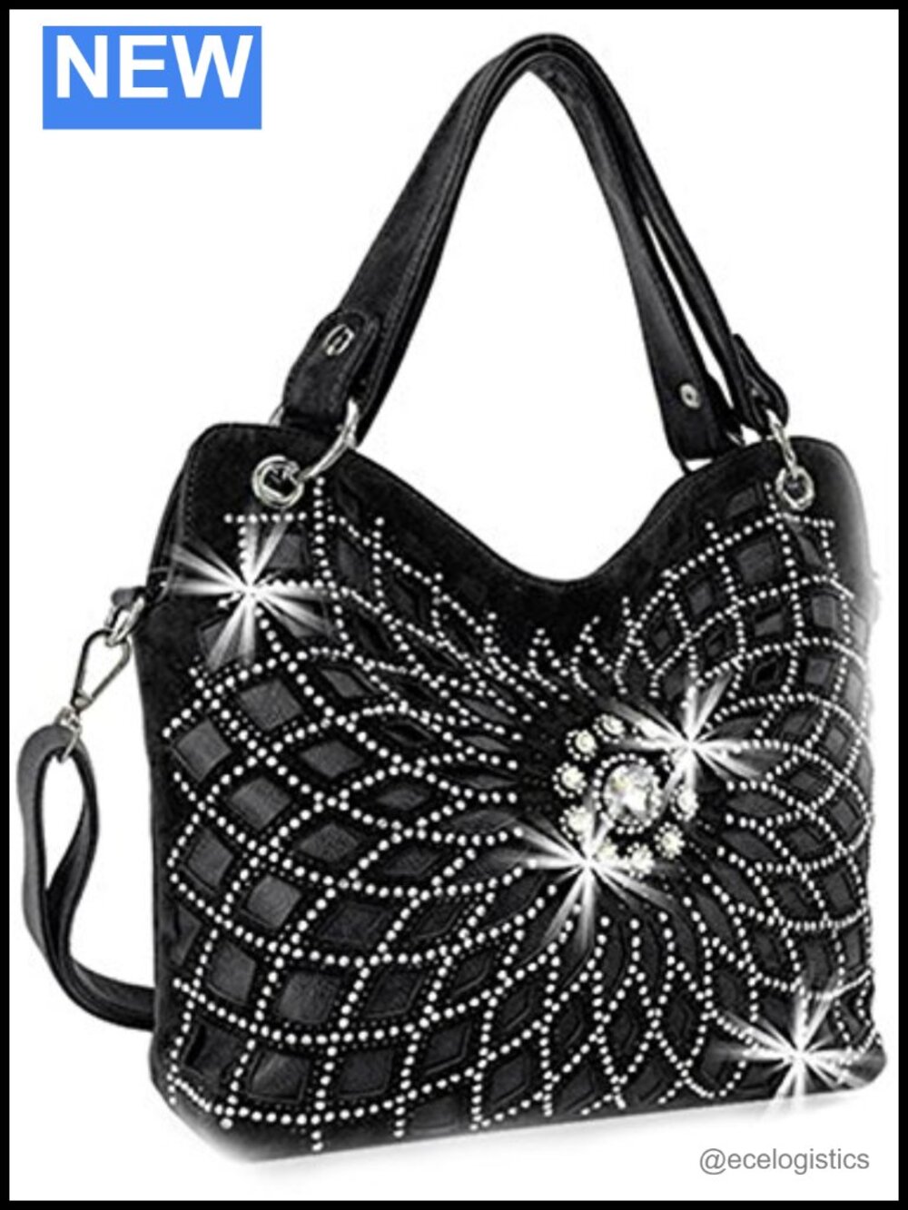 Large Star Flower Bling Purse Faux Leather Hobo with Double Handles